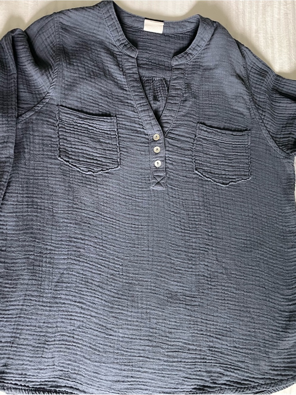 Women's XL Slate Blue Textured Pullover Blouse with Button Placket